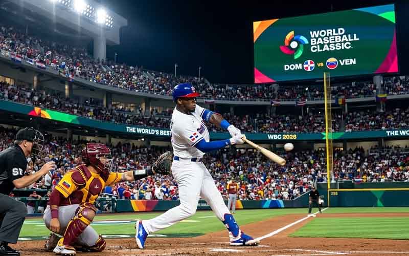 A player swinging at a pitch at the WBC