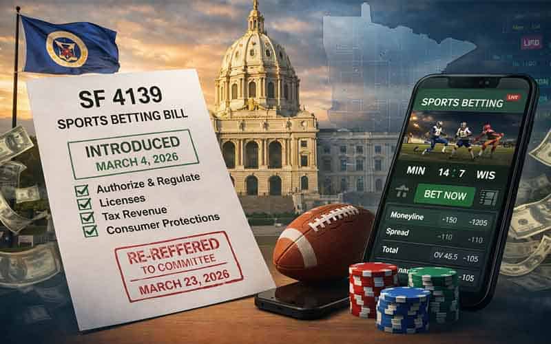 Minnesota sports betting bill SF 4139, the capitol building, and a sportsbook app