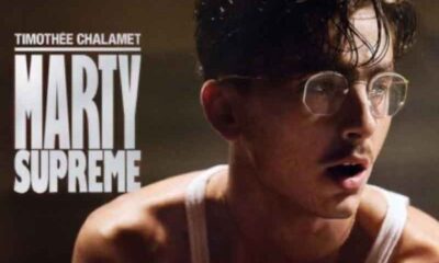 Timothée Chalamet next to a logo for Marty Supreme