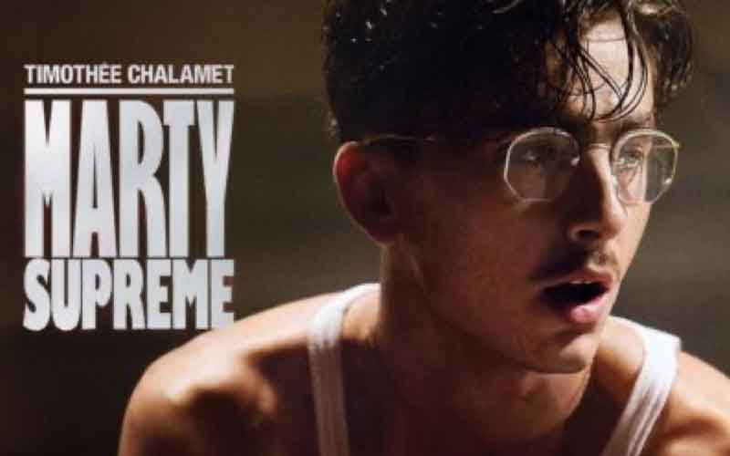 Timothée Chalamet next to a logo for Marty Supreme