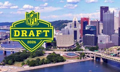 NFL Draft 2026 logo over Pittsburgh skyline with bridges and river in the foreground