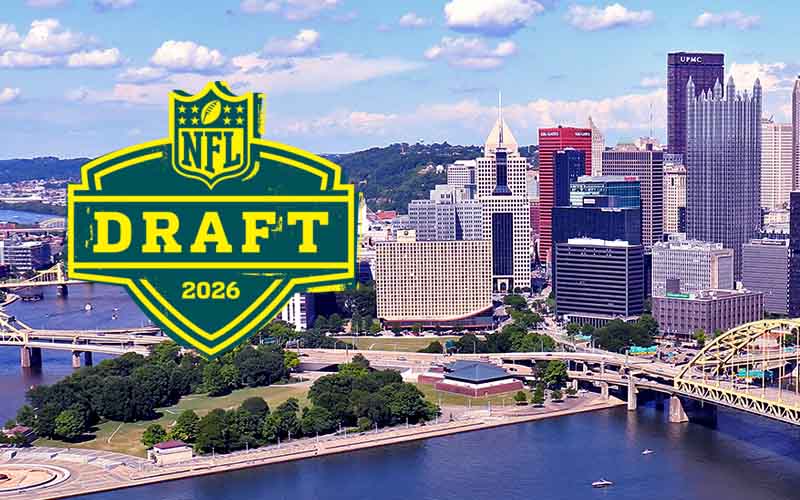 NFL Draft 2026 logo over Pittsburgh skyline with bridges and river in the foreground