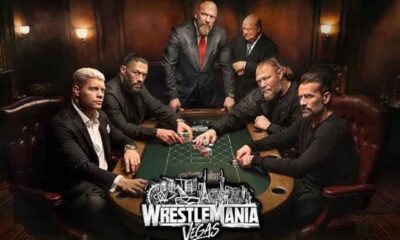 WWE Superstars playing poker above a WrestleMania Vegas logo