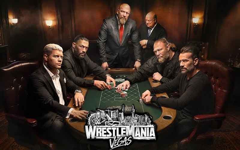 WWE Superstars playing poker above a WrestleMania Vegas logo