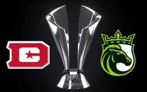 logos for the DC Defenders and Louisville Kings next to a UFL Championship Trophy