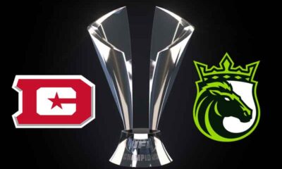 logos for the DC Defenders and Louisville Kings next to a UFL Championship Trophy