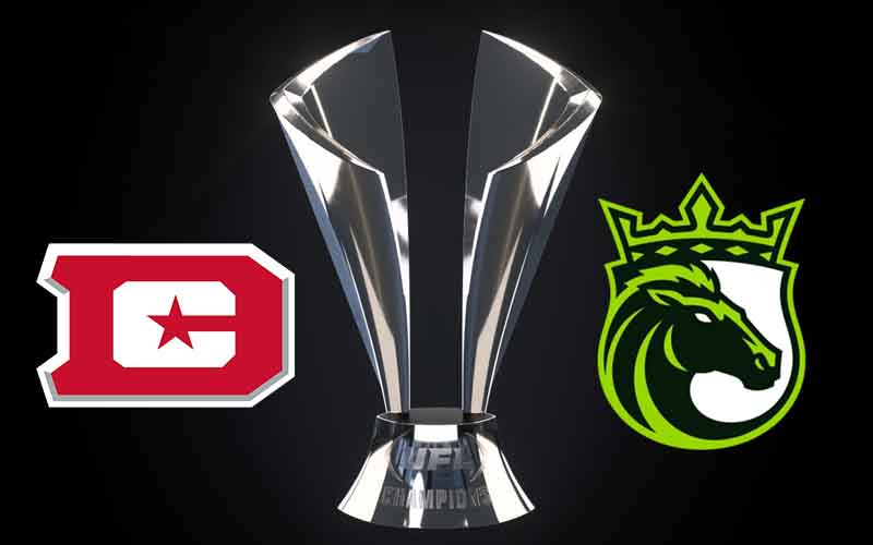 logos for the DC Defenders and Louisville Kings next to a UFL Championship Trophy