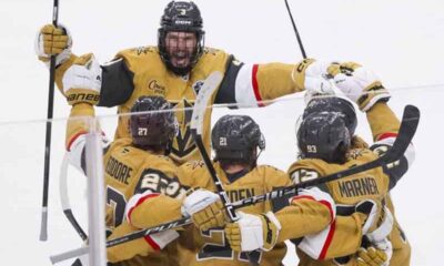 The Vegas Golden Knights celebrating a win
