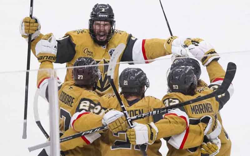 The Vegas Golden Knights celebrating a win