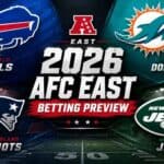 logos for the Bills, Dolphins, Jets, and Patriots with the text "2026 AFC East Betting Preview"