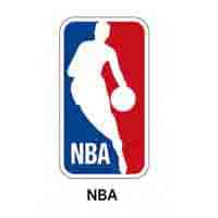 NBA logo: white silhouette of a dribbling player on a blue-red split background, indicating the basketball league brand.