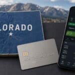 a Colorado state map next to a credit card and a sports betting app