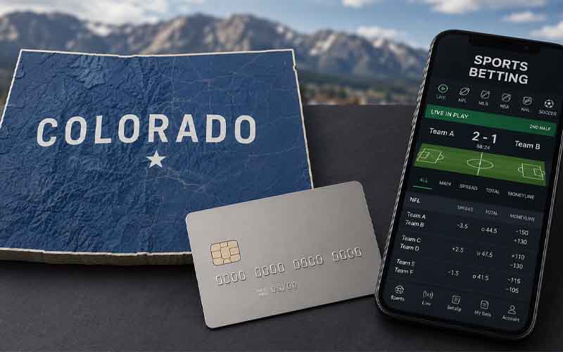 a Colorado state map next to a credit card and a sports betting app