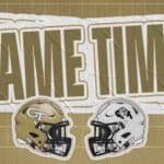 Colorado and Georgia Tech helmets facing each other with the text Game Time behind them