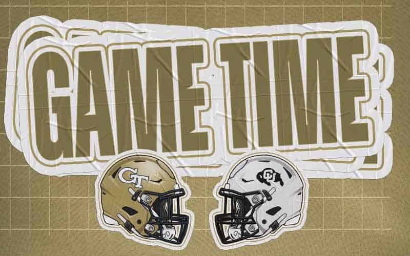 Colorado and Georgia Tech helmets facing each other with the text Game Time behind them