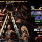 a promotional image for 2026 WWE Money in the Bank featuring female wrestlers on a ladder