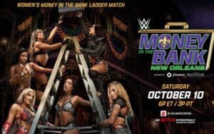 a promotional image for 2026 WWE Money in the Bank featuring female wrestlers on a ladder