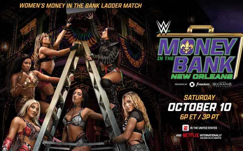 a promotional image for 2026 WWE Money in the Bank featuring female wrestlers on a ladder