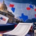 a US map with red and blue states, the US Capitol, and a ballot box