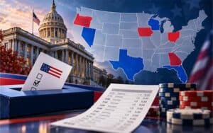a US map with red and blue states, the US Capitol, and a ballot box