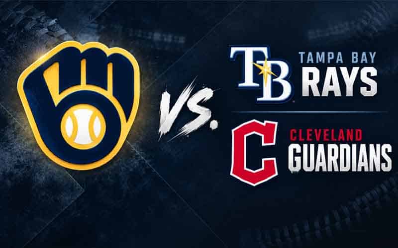 Logos for the Brewers, Rays, and Guardians for a potential World Series matchup