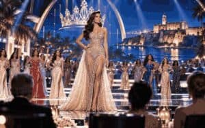 Centre stage woman in a sparkling gown walks the runway at a beauty pageant, surrounded by other contestants in glam dresses, with arches and a castle backdrop.