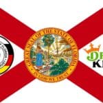 logos for the Seminole Tribe of Florida and DraftKings placed over a Florida state flag