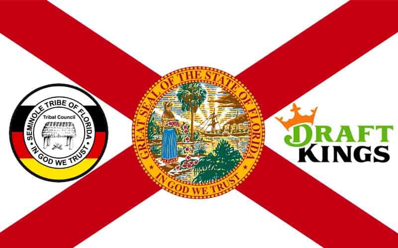 logos for the Seminole Tribe of Florida and DraftKings placed over a Florida state flag